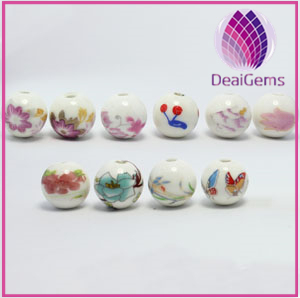 Bead porcelain 10mm round with flower