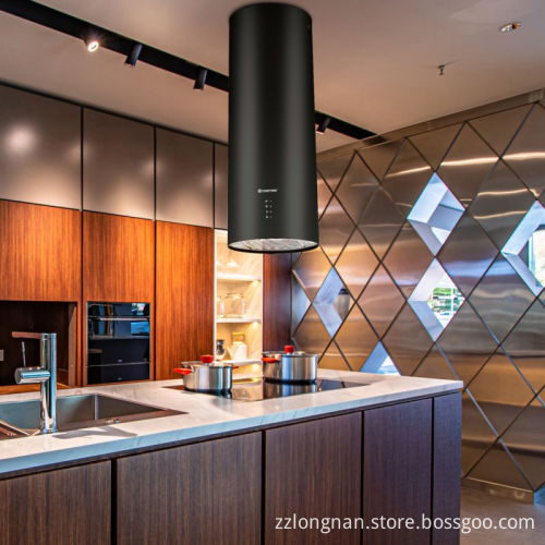 High-Power Island Range Hood with Top Suction and Cylindrical Design for Kitchen Ventilation