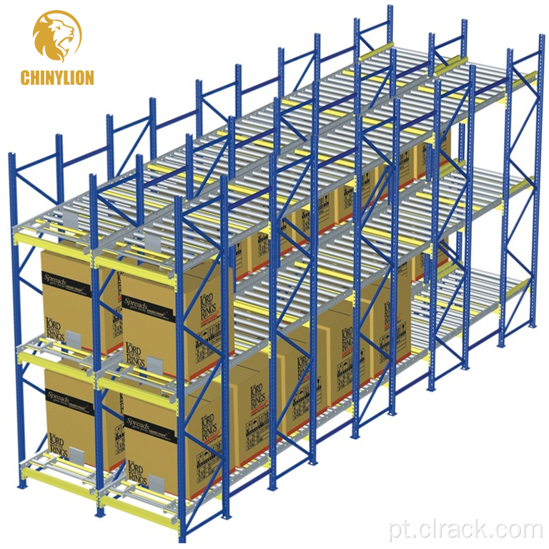 Sistema de rack de fluxo de paletes para armazém