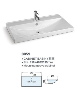 CE Approved Long 910x480x195mm Countertop Bathroom Wash Basin - Model 8059