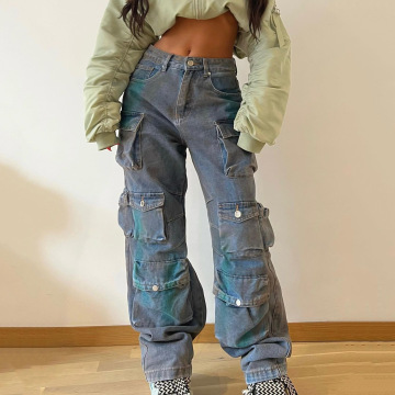 Women's High Waist Pockets Cargo Denim Trousers - Cool Style Loose Jeans Pants