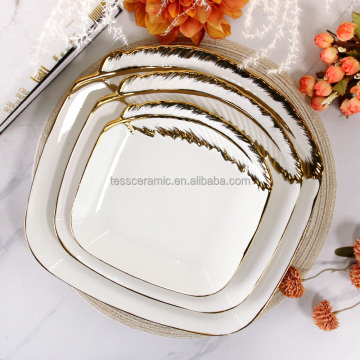 Ceramic Gold Feather Rim Square Serving Plate - RY006