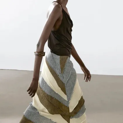 Women's pure linen patchwork medium long skirt