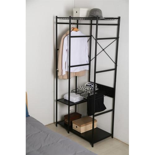 clothes rack with black metal display