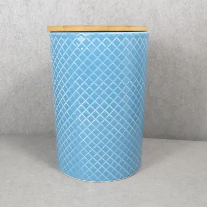 Embossed Ceramic Storage Jar With Bamboo Lid