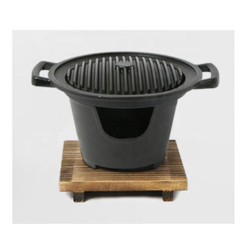 AUPLEX Portable Outdoor Mini Small Tabletop Dutch Oven Cast Iron Pot BBQ Grill with Wooden Base