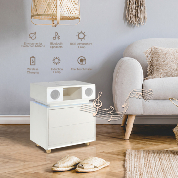 Modern Smart Nightstand with LED Light, Speaker, USB Ports & Wireless Charging