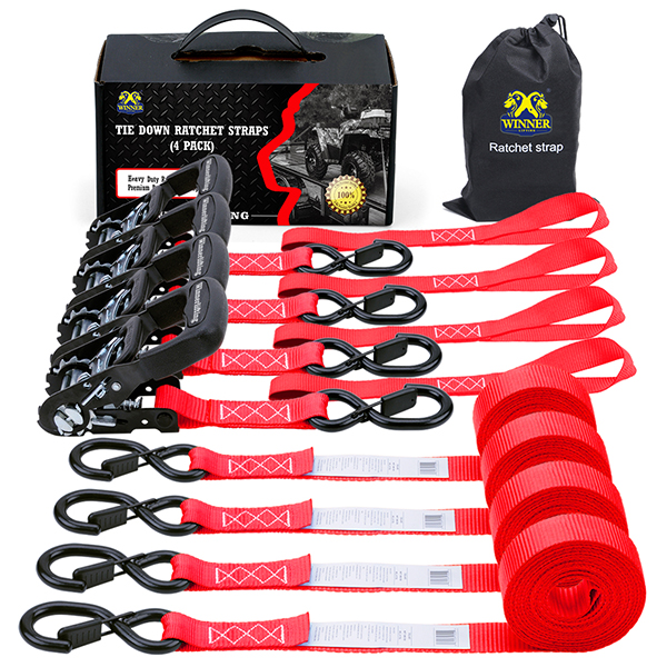 4PK Red Ratchet Tie Down Straps Sets