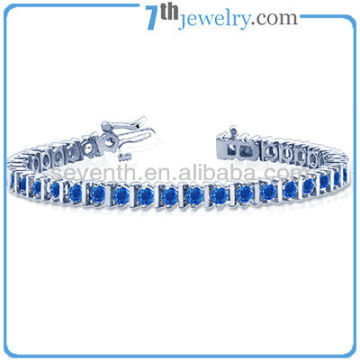 Traditional Design Round Blue CZ Diamond Cut Rhodium Plated Brass Sapphire Diamond Tennis Sapphire Bracelet
