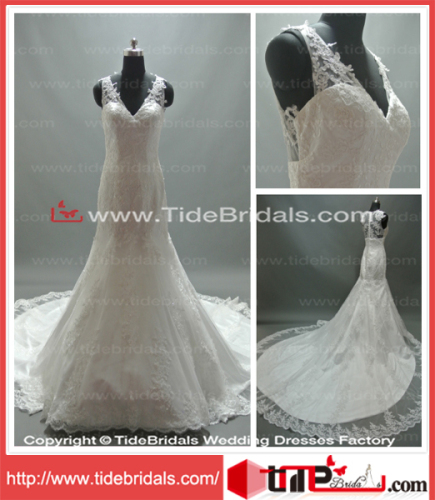 Sexy V-Neck Mermaid V-Neck Lace Thin Straps Chapel Train Wedding Gown Bridal Dess (AS1825H)