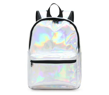 Women Unisex Holographic PU Leather Daily Backpack School Bookbag Travel Casual Backpack