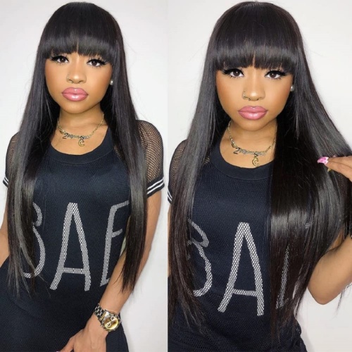 Straight Human Hair Wigs with Bangs 14 inch