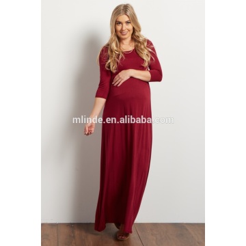 Korean Style Maternity Clothing Oversized Women Beautiful Long Muslim Design Burgundy 3/4 Sleeve Maternity Maxi Dress