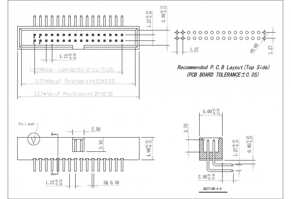 Encabezado de caja cubierta de 1.27 mm de doble fila 90 ° H = 4.90