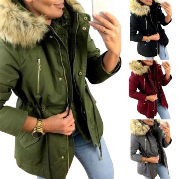 2020 Womens Coats Winter Women Faux Fur Hooded Coat Thick Plush Warm Drawstring Long Sleeve Oversized Zip Pockets Female Jacket