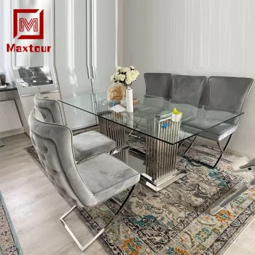 Luxury Modern Glass Top Stainless Steel Dining Table Set