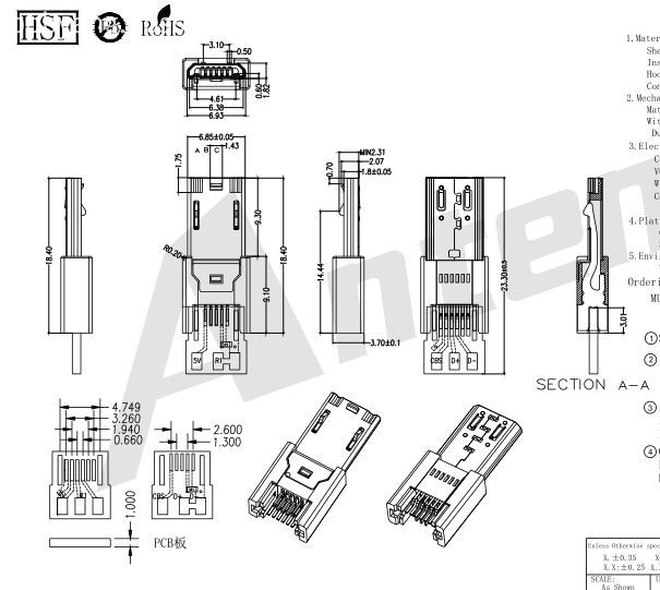 MUMS10 MICRO USB 11P, PLUG STRADDLE C TYPE WITH PCB BOARD
