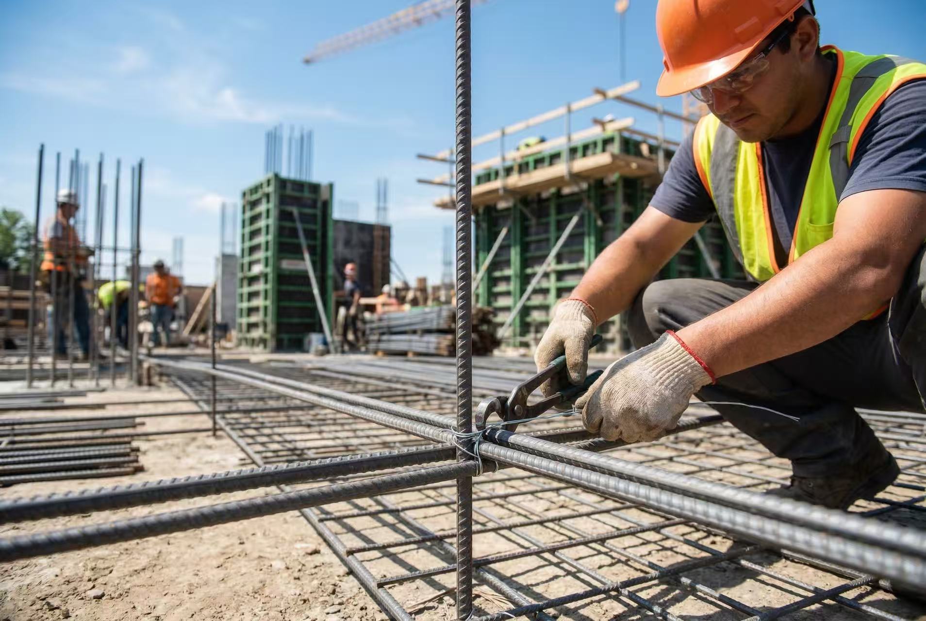 Construction worker tying rebar with galvanized binding wire at building foundation site