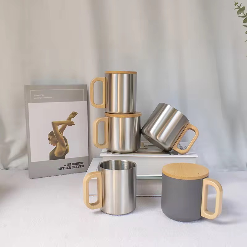 Stainless Steel Mug with Wooden Handle and Lid