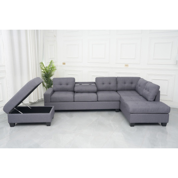 Stationary Fabric L Shape Sofa with Ottoman