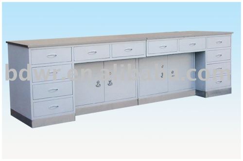 Composite hospital working table with stainless steel surface and base