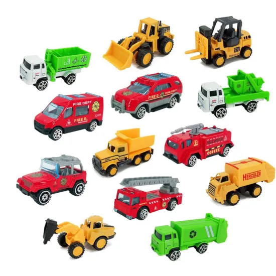 Promotional $1 Toys: City Fire Vehicles, Construction Trucks (Green Dump Truck, Yellow Excavator, Cement Mixer)