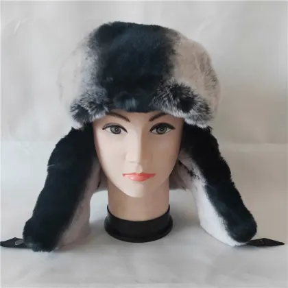 Rabbit Fur Aviator Outdoor Trapper Trooper Pilot Ski Hat Lambskin Leather Trapper Hat with Two-Tone Rabbit Fur Trim