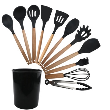12-Piece Non-Stick Silicone Kitchenware Set with Wooden Handles - Soup Spoon & Spatula Gift Set