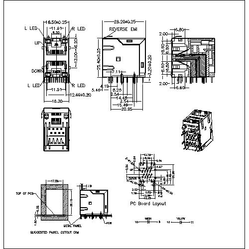 ATRJ5922-8P8C-X-C2-G-C RJ45 Jack Side Entry 1X1P Shielded With LED& EMI