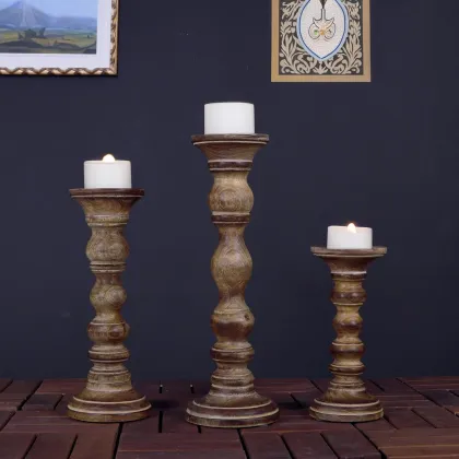 Farmhouse Wooden Candle Holders Pillar Mango Wood Candle Stand