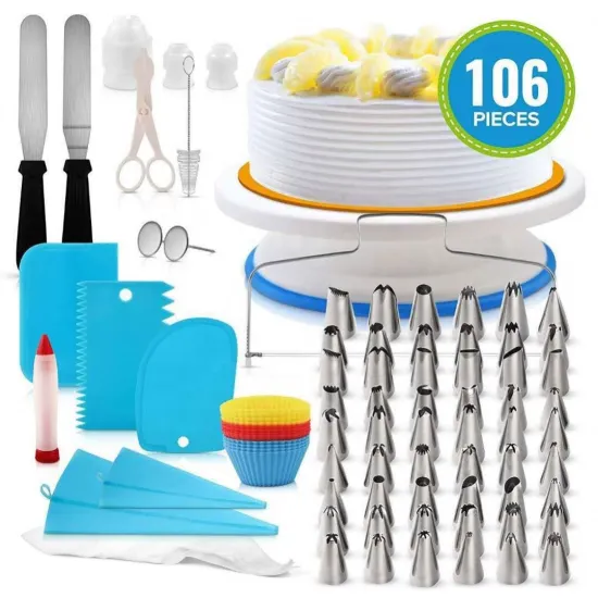 Comprehensive 106-Piece Cake Decorating Kit: Includes Cake Turntable, Pastry Tubes, Fondant Tools, DIY Supplies, and Baking Accessories for Professional Quality Desserts in Your Kitchen