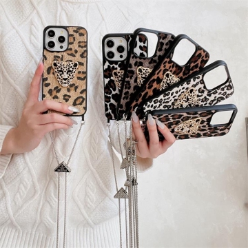 Leopard Print PU Leather Adjustable Chain Crossbody Kalung Lanyard Untuk iPhone 16/15/14/13 Pro Max