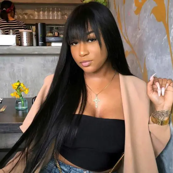 Long Silk Straight Wigs Ombre Brown Synthetic Wig with Bangs for Women African American Heat Resistant Cosplay Daily Party