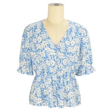 Летняя мода в стиле бохо, блузка с цветочным рисунком и оборками, повседневная женская блузка с v-образным вырезом для девочек, топы