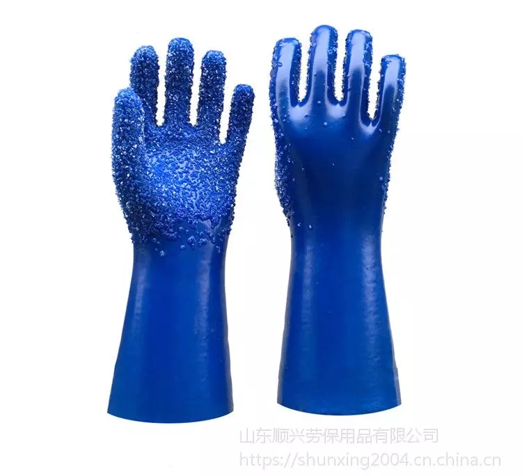 Blue pvc coated gloves with chips on palm