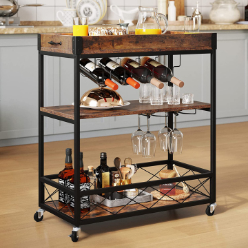 Mobile Serving Cart with Removable Wood Top, 3-Tier Kitchen Cart with Wine Rack and Glass Holder