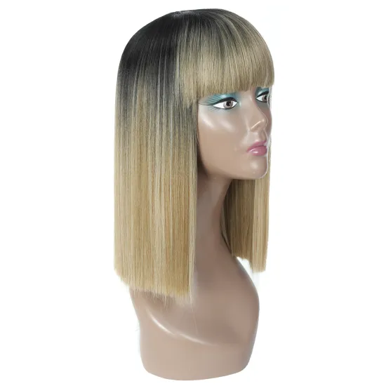 Beauty Medium Yaki Straight Wig with Bang MONO Web Ombre Color Dyed Hith High Temperature Heat Resistant Fiber Wigs For Women