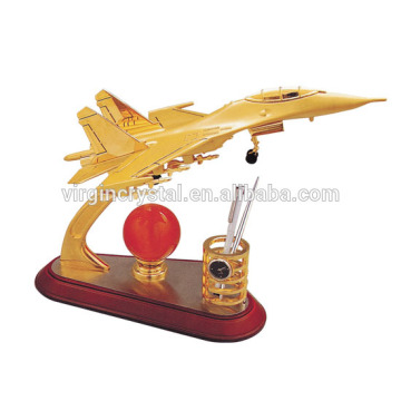 Gold zinc alloy war plane model aircraft equip mini clock with pen holder and wooden base with logo for office gift set