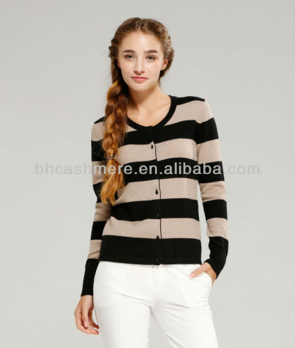 Ladies striped crew neck cardigan wool cashmere contrast color sweaters with long sleeve