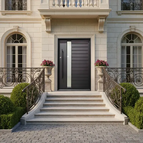 Porte d'entrée blindée moderne en aluminium installée dans une villa résidentielle de luxe