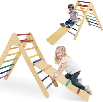 Foldable Wooden Climbing Triangle for Indoor Play with Slide and Monkey Bars