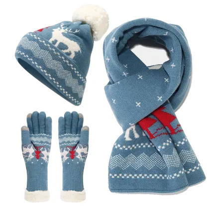 Winter Xmas Warmer Scarf and Beanie Sets: 3-Piece Christmas Hat, Scarf, and Glove Set