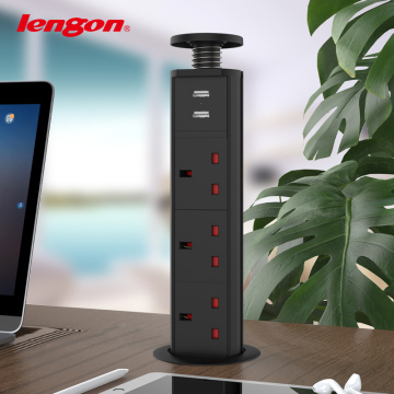 UK Wholesale 3-Way Britain Desk Socket Outlet Tabletop Pop Up Socket with Dual USB-A Charging
