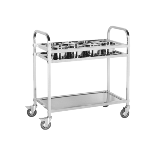 Stainless steel spice trolley used in hotel kitchens