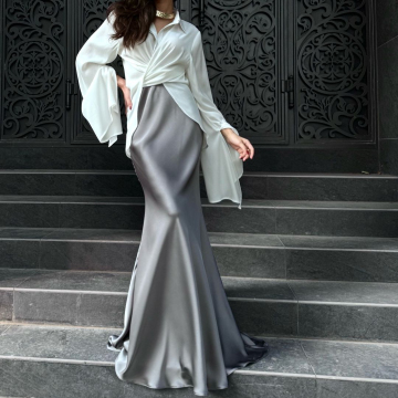 2025 Spring Temperament Satin Skirt Outfit: Lace-up Long Sleeve Shirt & A-line Skirts 2-piece Suit