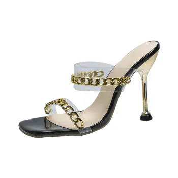 Popular Women's Slippers Plus Size Heels Women's Metal Chain Super Stiletto Square Toe Sandals Women's