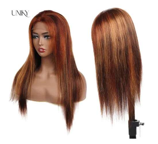 Uniky Blonde 30 Inch Long Straight Brown 4X4 Transparent Lace Highlighted Human Hair Wigs 10a Highlight Hair Full Wig