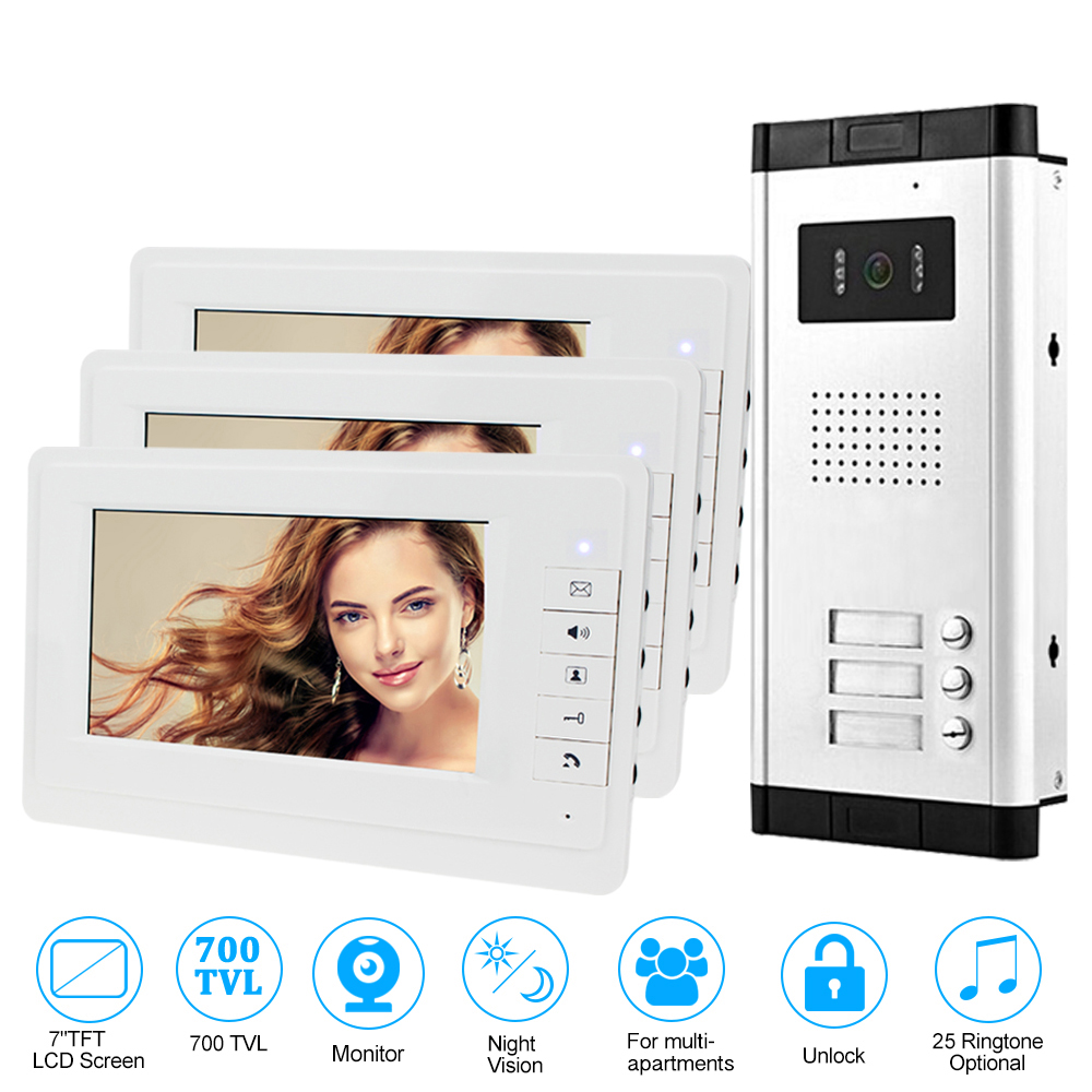 7'' Wired Color Video Door Phone Intercom System IR Night Vision Camera Doorbell +Indoor Monitor Screens for 2/3/4 Apartments