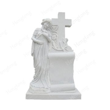 Custom White Marble Angel Statue with Cross Engraving for Tombstones