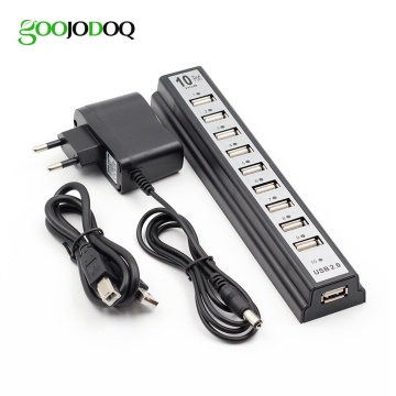 USB Hub 2.0 10 Ports High Speed 480mbps Usb 2.0 Hub Multi Usb Splitters with EU/US Power Adapter for PC Laptop Notebook Computer